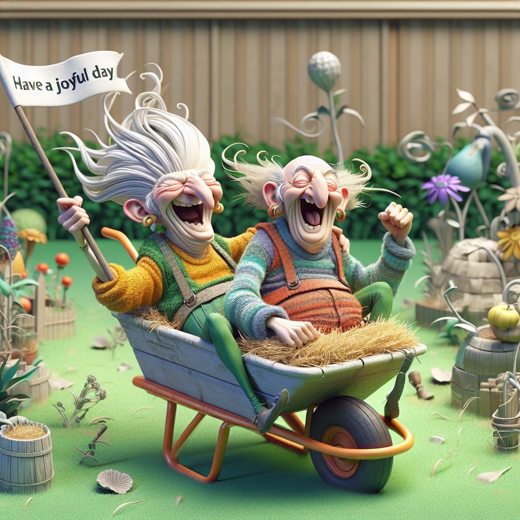 Joyful Elderly Friends in Whimsical 3D Garden