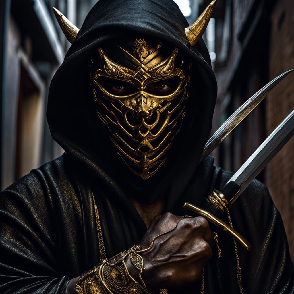 Gritty Portrait of Oni Masked Ninja in Alleyway