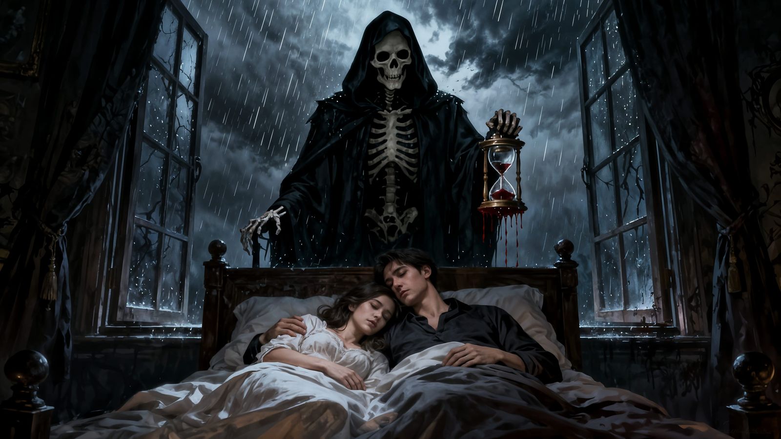 Grim Reaper Watches Couple in Stormy Gothic Bedroom