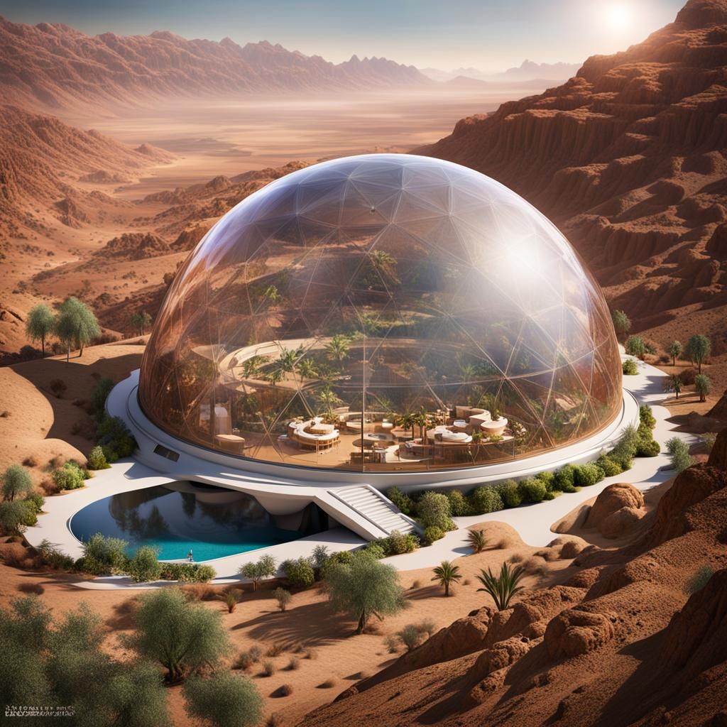 Domed Martian Habitat with Town and Nature