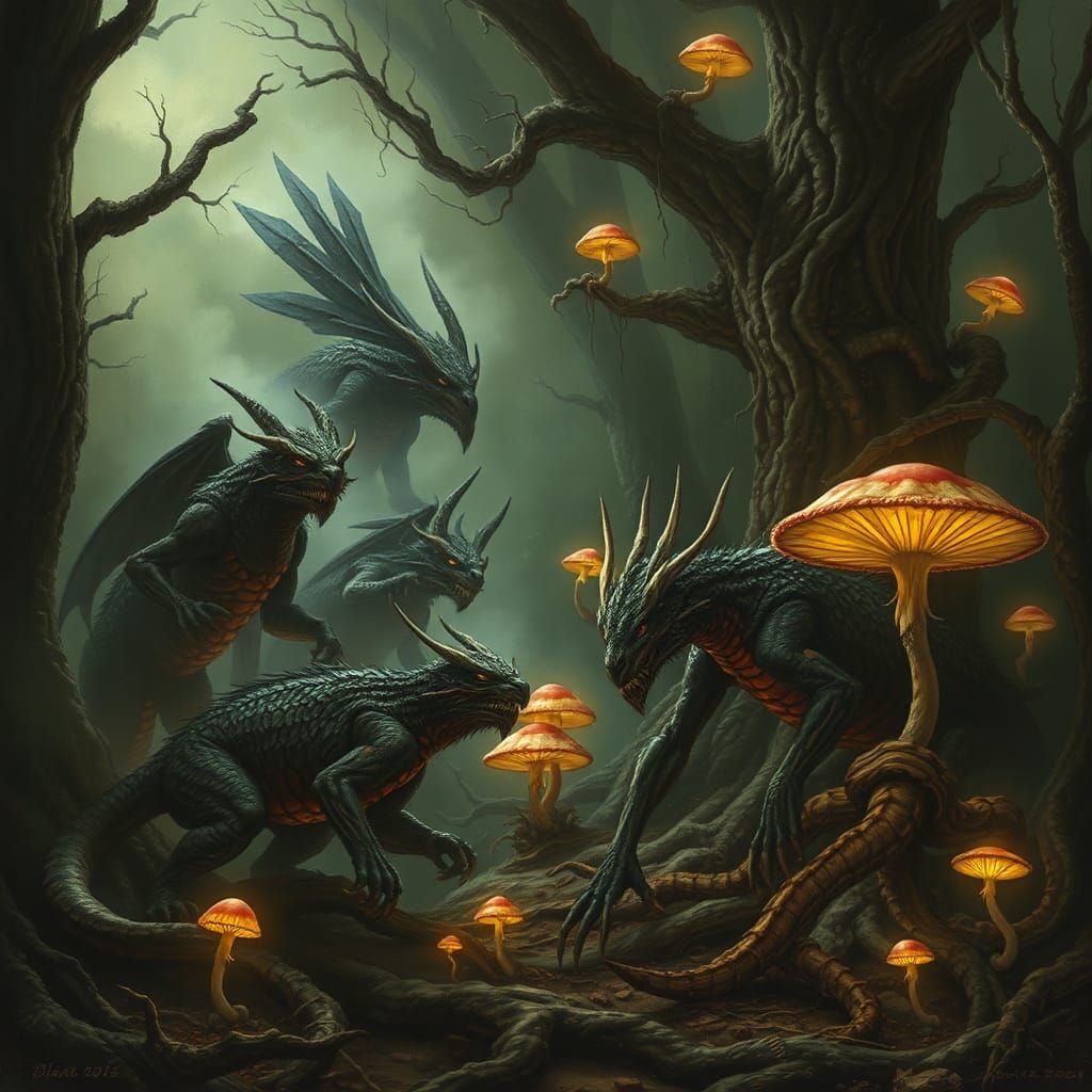 Mythical Creatures in a Dark Forest