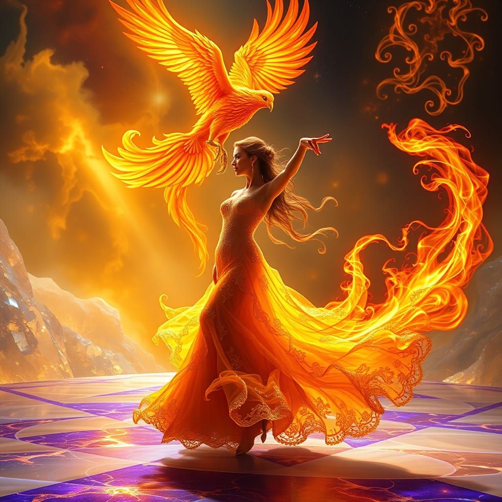 Ethereal Woman Dances Waltz on Crystal Stage Amidst Fiery Ph...