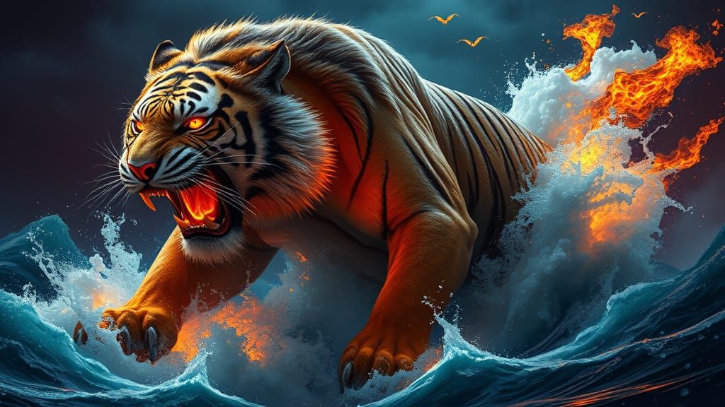 Dark Fantasy Tiger Breaches Ocean Surface in Fiery Plunge