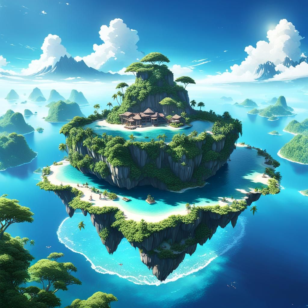 Tropical Island Floating in Sky: Anime 3D Art