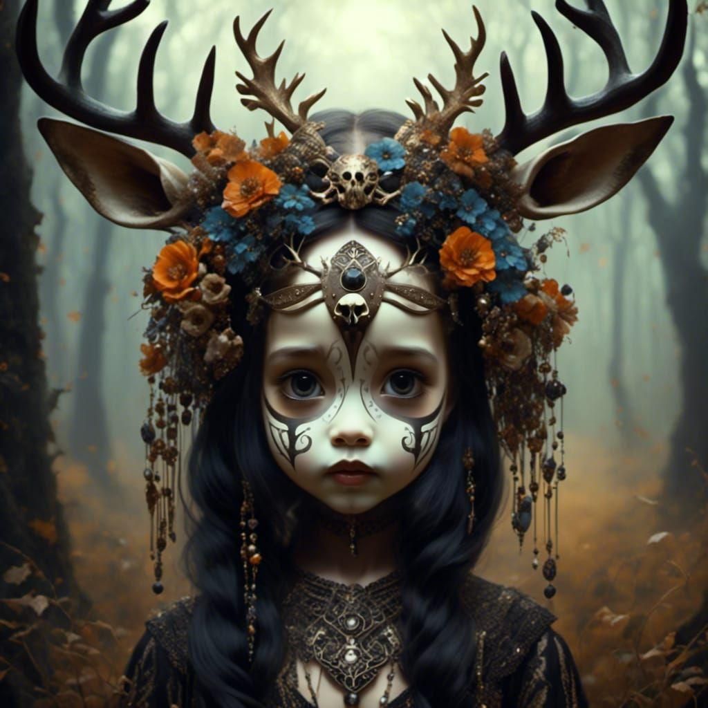Girl in Deer Skull Mask: Cute Surrealism