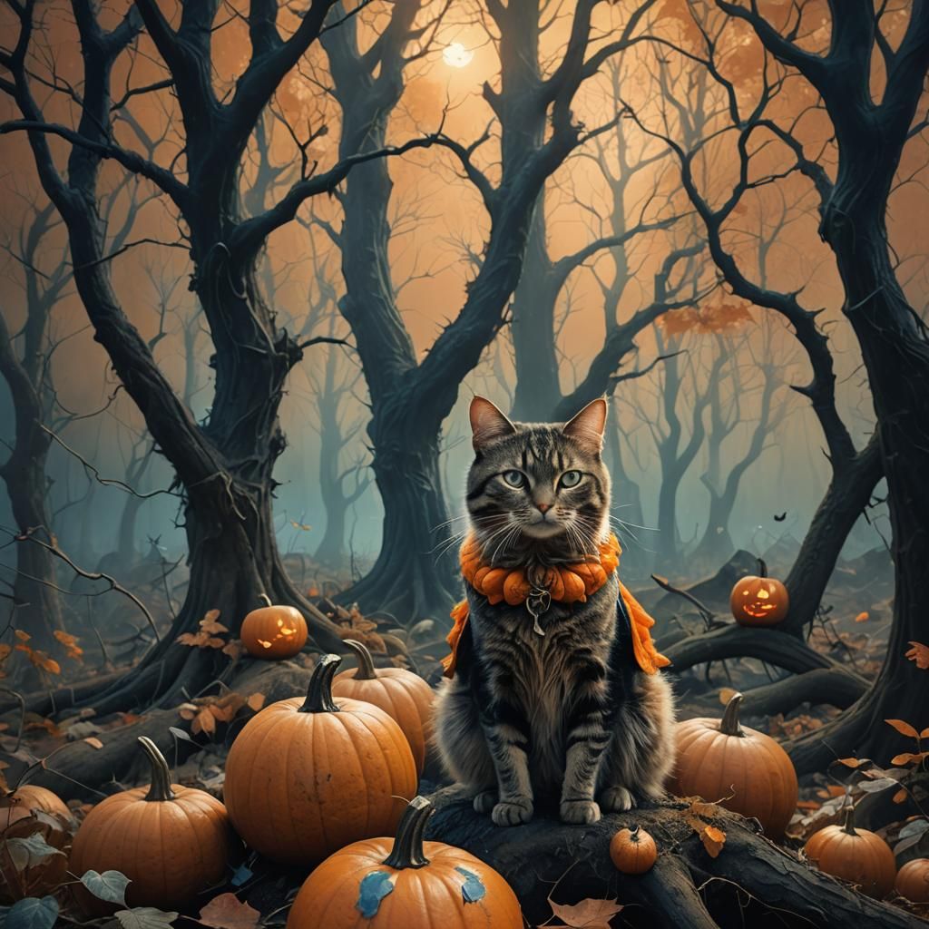 Halloween Cat in Mystical Forest, Fantasy Art