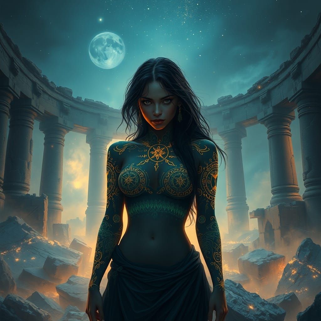 Woman With Celestial Tattoos in Misty Ruins