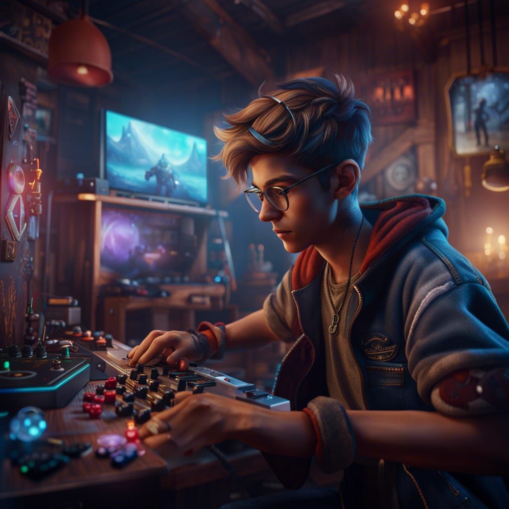 Hipster gamer boy at his game room