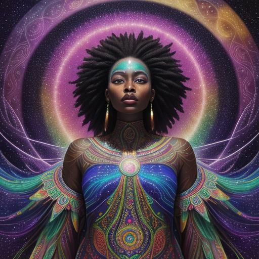 African Woman Flies Through Cosmic Dreamscape
