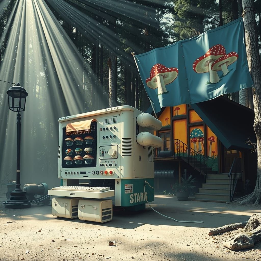 Surreal Mushroom Computer Next to Brutalist Bungalow