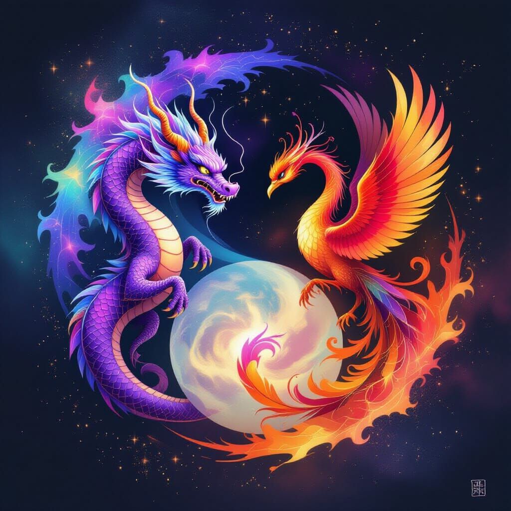 Yin Yang with Purple Dragon and Phoenix in Celestial Style