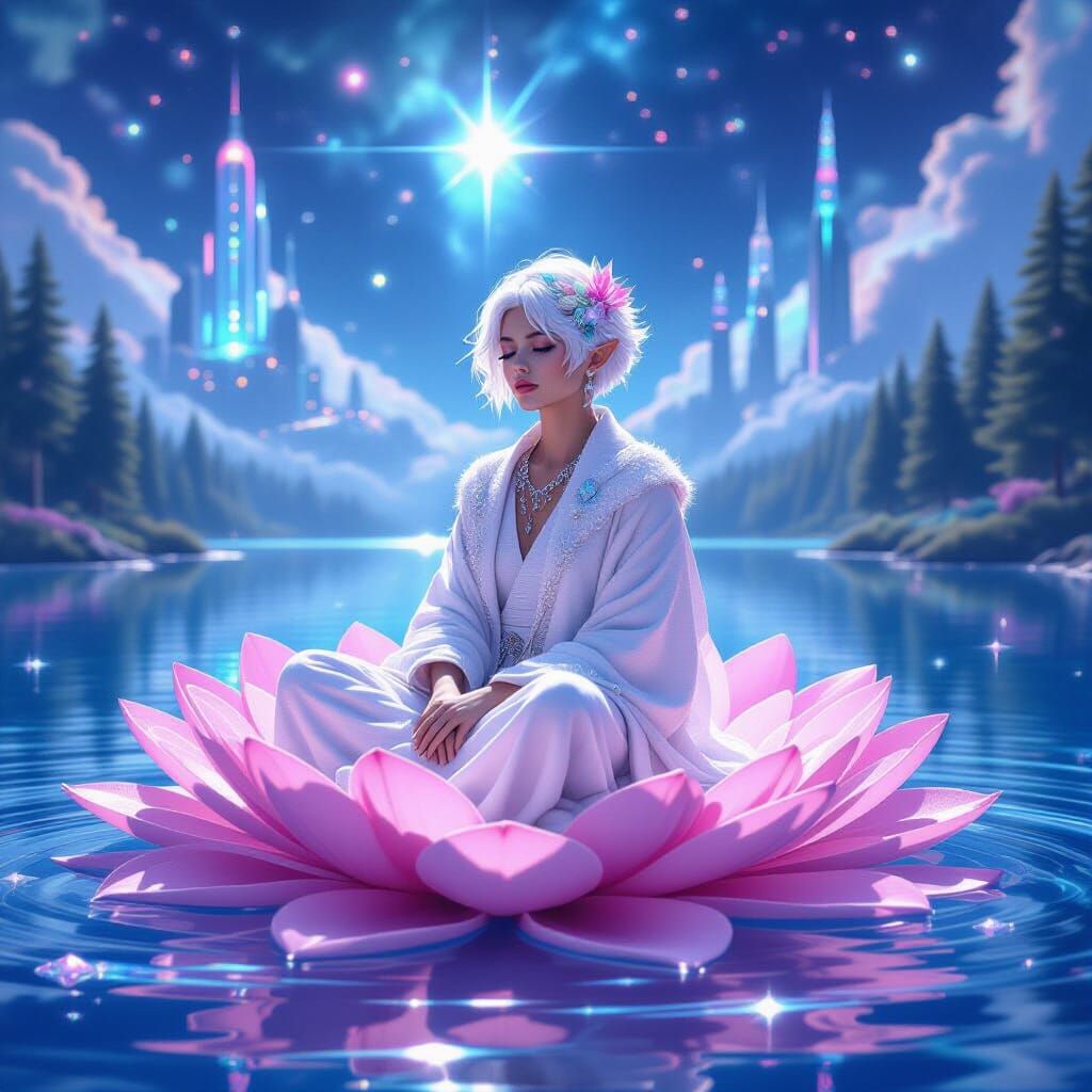 Прекрасно малко мистично създание с бяла къса коса в която с...