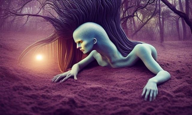 Celestial Woman in Surreal Wisteria Bed