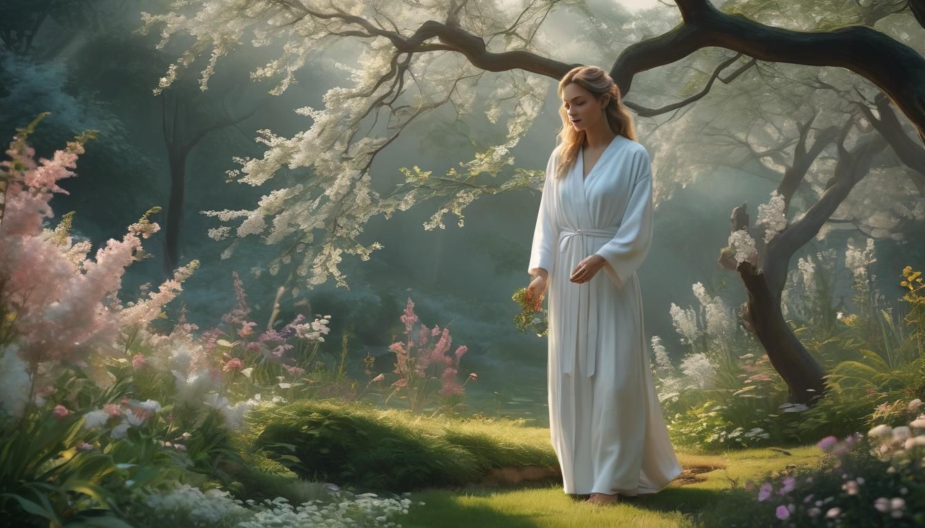 Woman Planting Tree in Ethereal Landscape