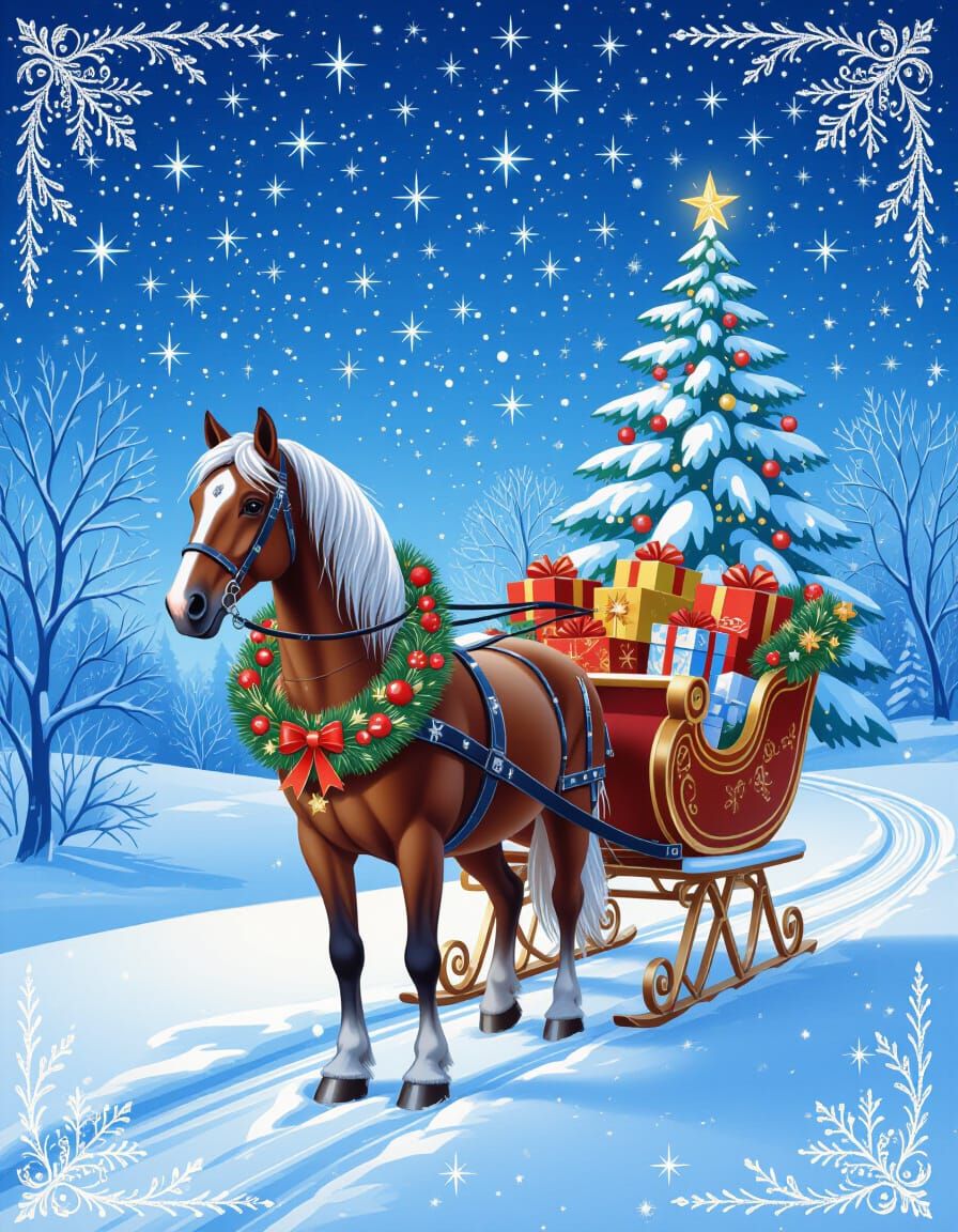 Festive Horse and Gift Sleigh in Magical New Year Landscape
