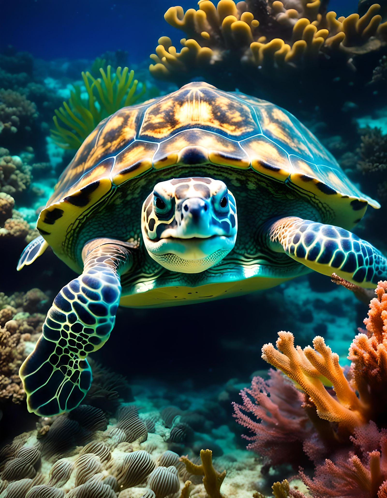 Bioluminescent Tortoise Swimming in Coral Reef
