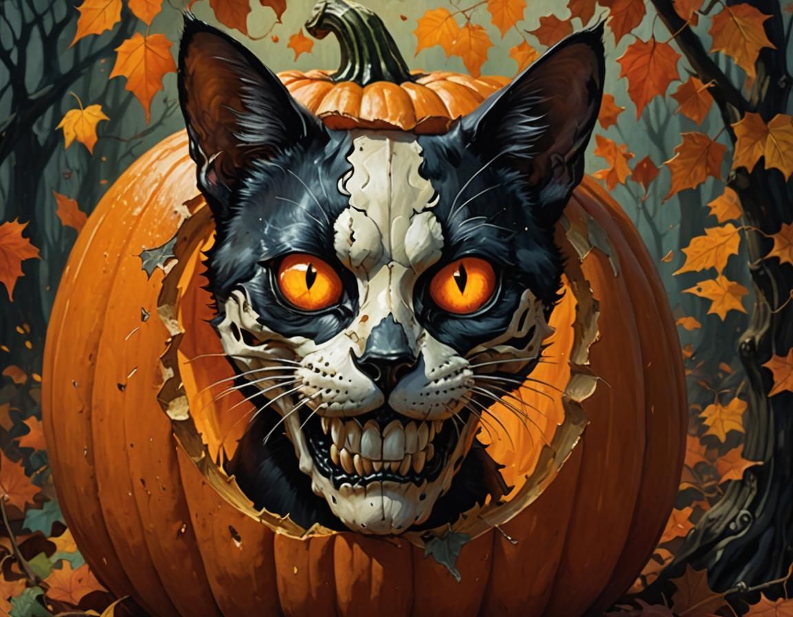 Spooky Skullcat in Skull Jack-o'-Lantern Portrait