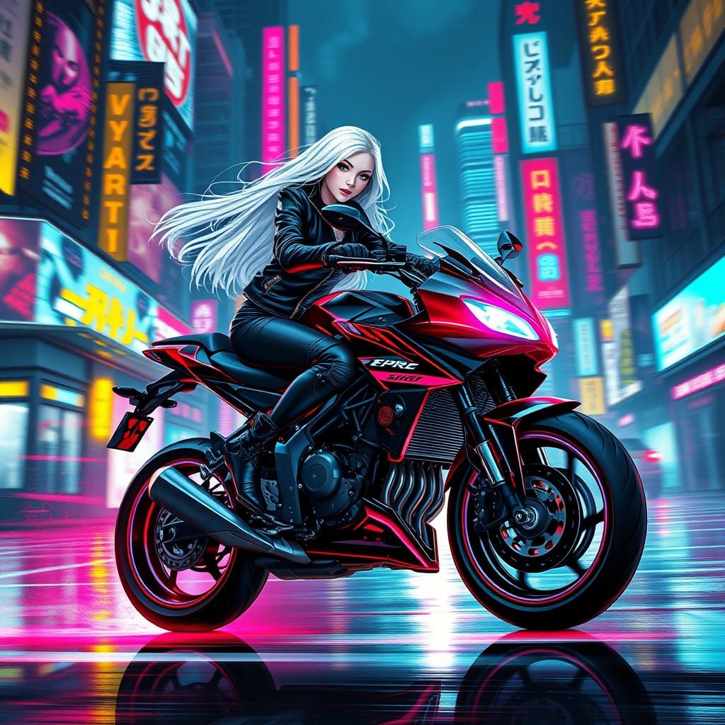 Cyberpunk Goddess on Neon Sport Bike