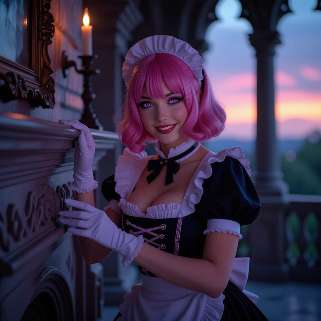 Gothic Castle Maid Dusting in Dusk Light