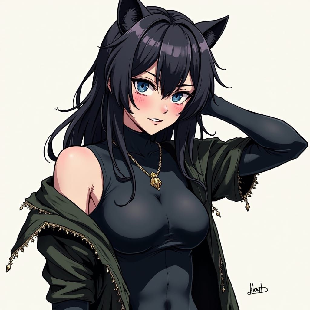 Half-Panther Woman with Blue Eyes in Manga Style