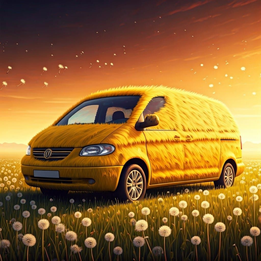 Fuzzy Yellow Minivan in Dandelion Field