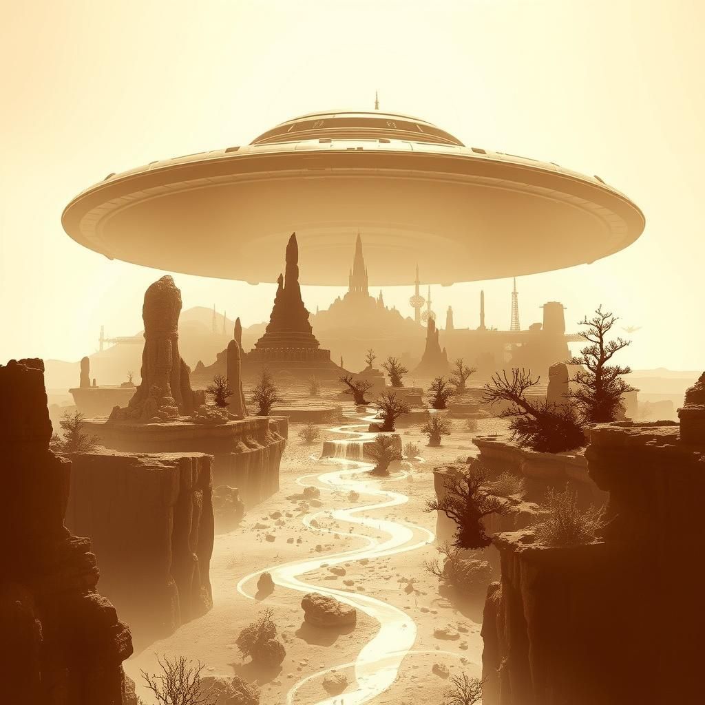 Sepia Flying Saucer Reveals Alien Landscape