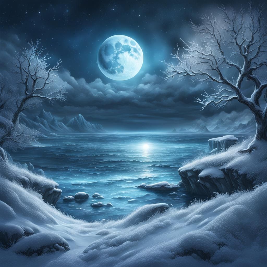 Ethereal Winter Ocean Night with Crescent Moon