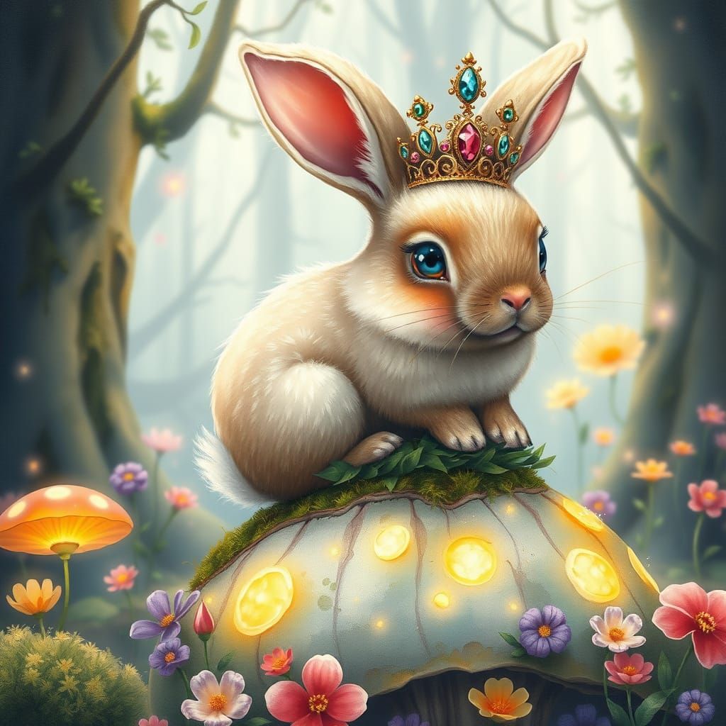Crowned Bunny on Mushroom in Whimsical Watercolor Forest