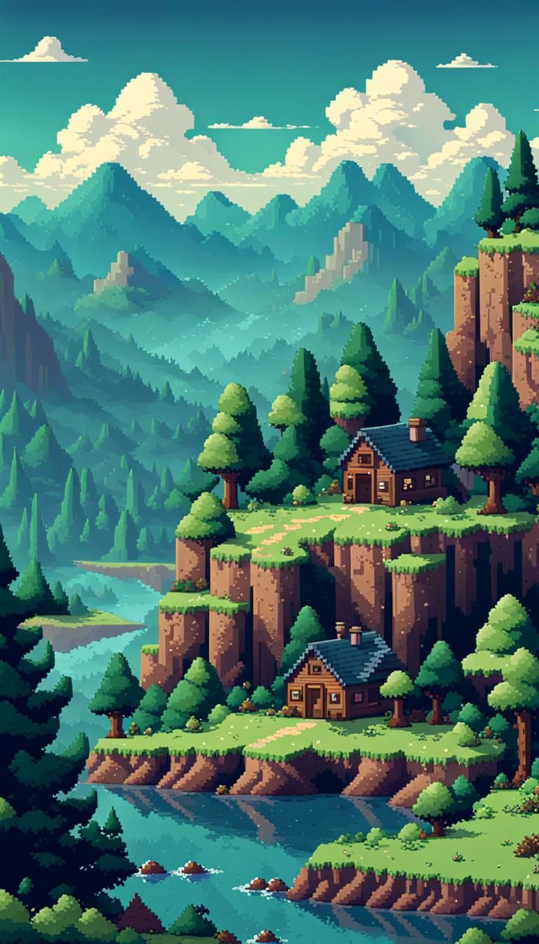 Cute 8-Bit Pixelated Scenic Landscape