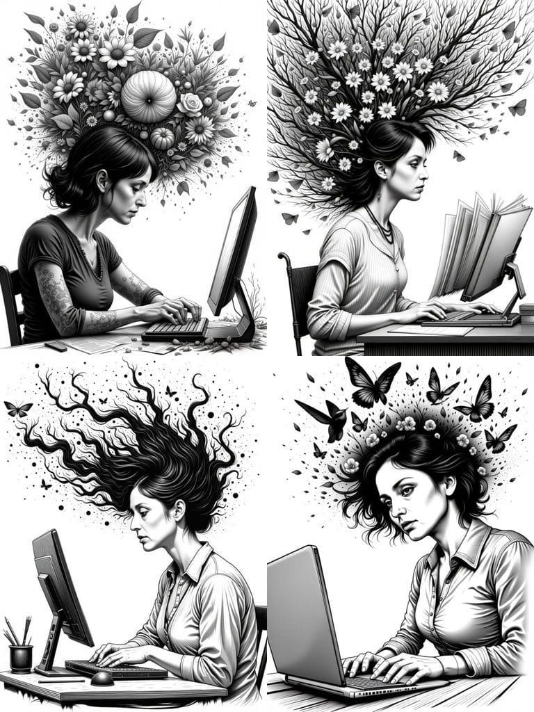 Woman Typing, Creative Inspiration Swirls in Black and White...