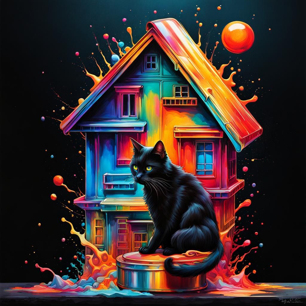 Black Cat Races on Hot Roof: Graffiti Street Art