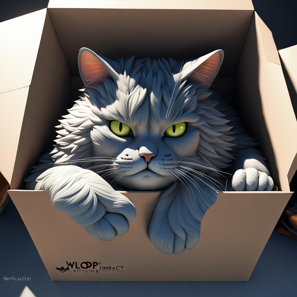 Fat Cat Struggles With Box: 3D Anime Art