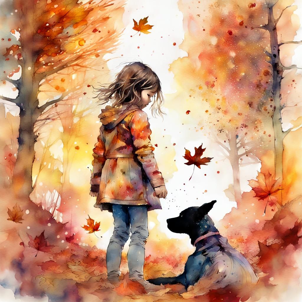 Girl and Dog Play in Autumnal Galaxy
