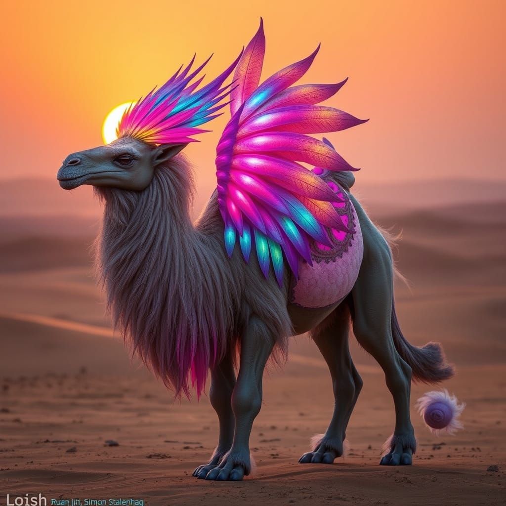 Mythical Loro-Camel Creature in Surreal Sunset