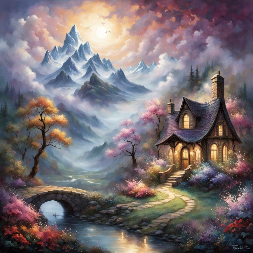 Ethereal Mountain Label with Floral Twig Frame