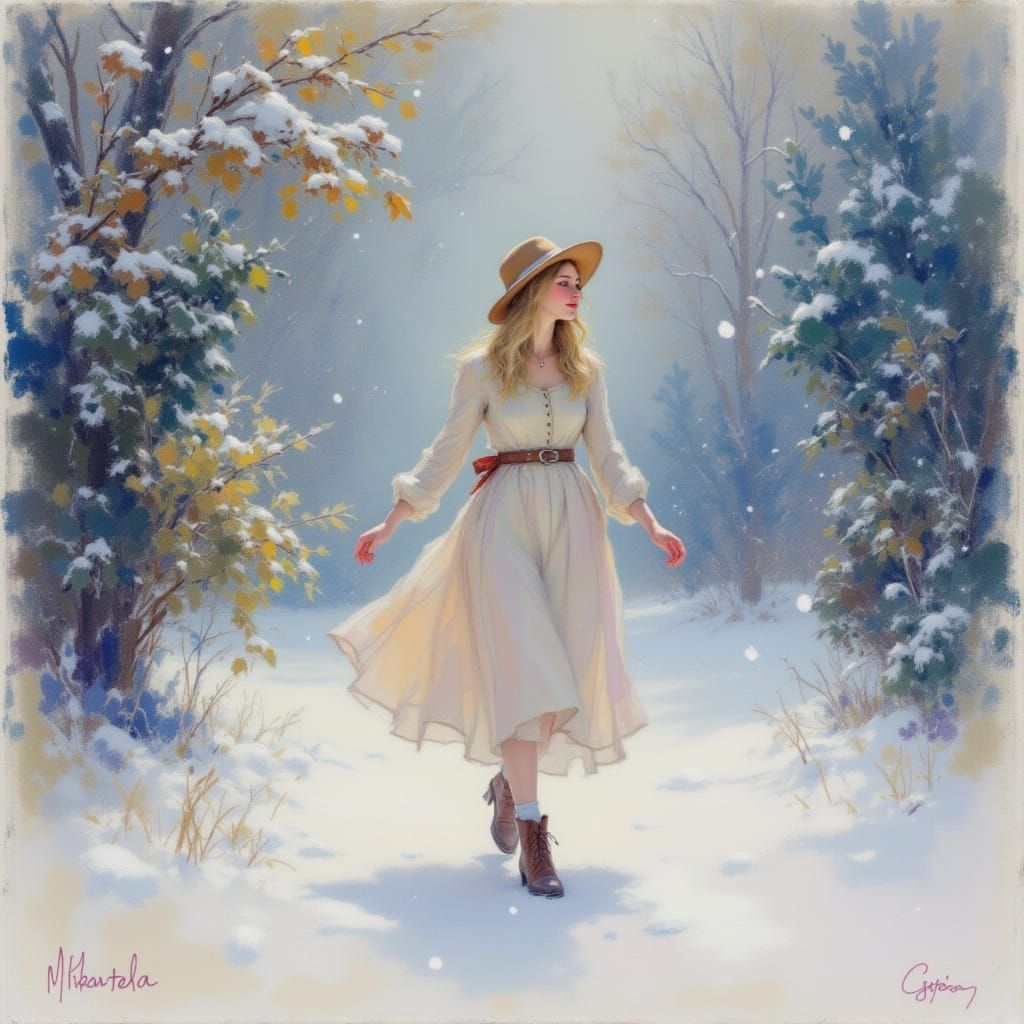 Smiling Woman in Snowy Garden, Neo-Impressionist Style