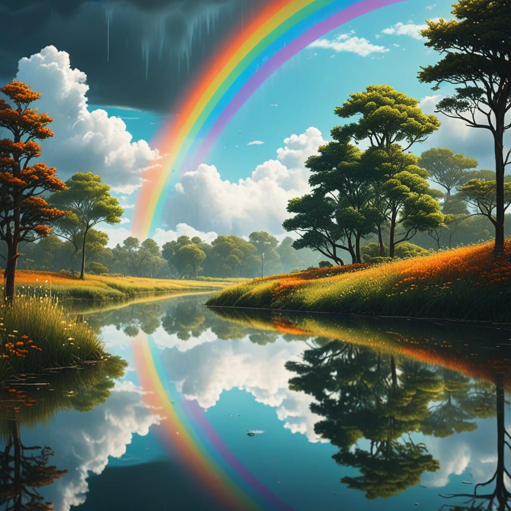 Whimsical Rainbow Landscape in Naive Style