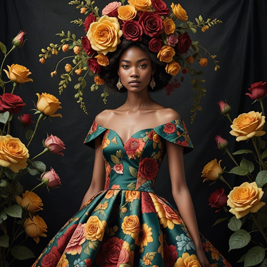 Model in Whimsical Floral Gown with Vibrant Fabric Layers