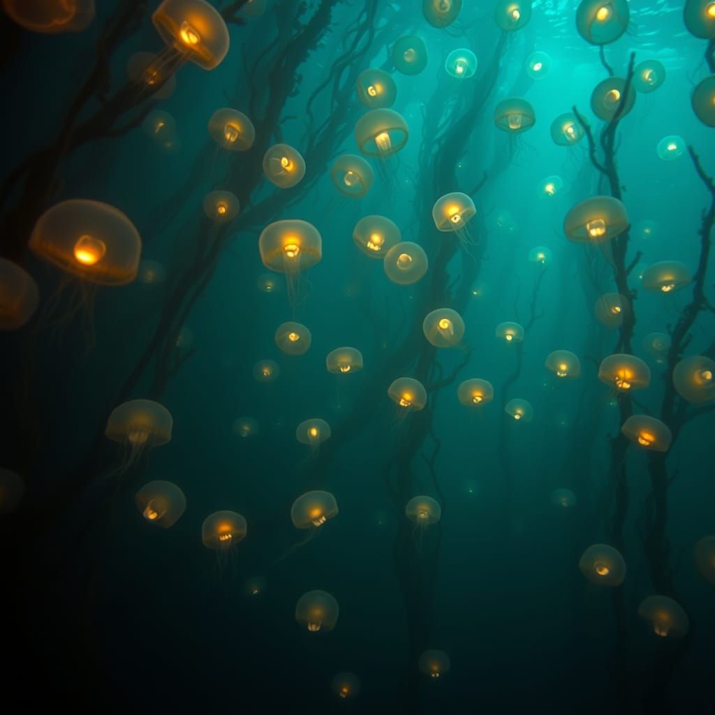 Bioluminescent Jellyfish Glow in Underwater Kelp Forest