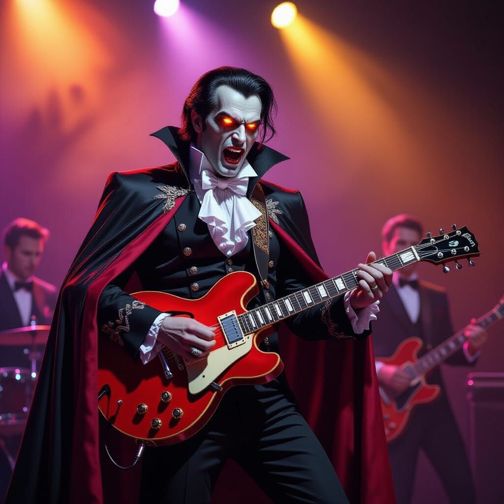 Dracula Rocks Guitar on Stage in Acrylic Style