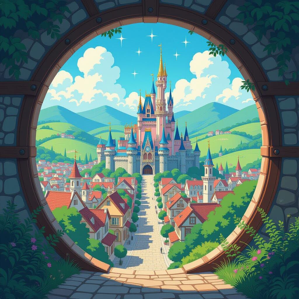 Whimsical Town with Shimmering Portal: Miyazaki Style