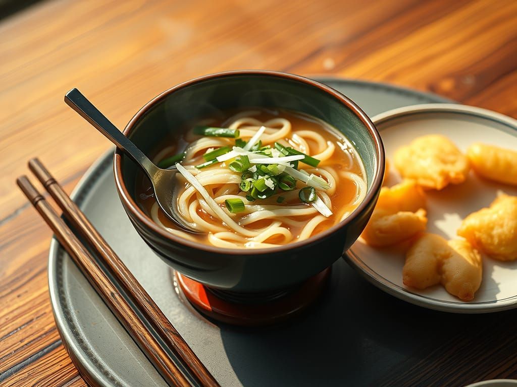 Traditional Japanese Udon and Tempura Feast in Soft, Warm Li...