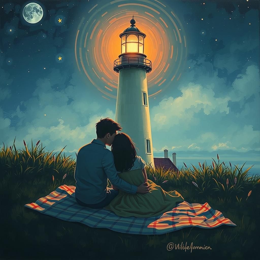 Romantic Lighthouse Scene in Acrylic Painting Style
