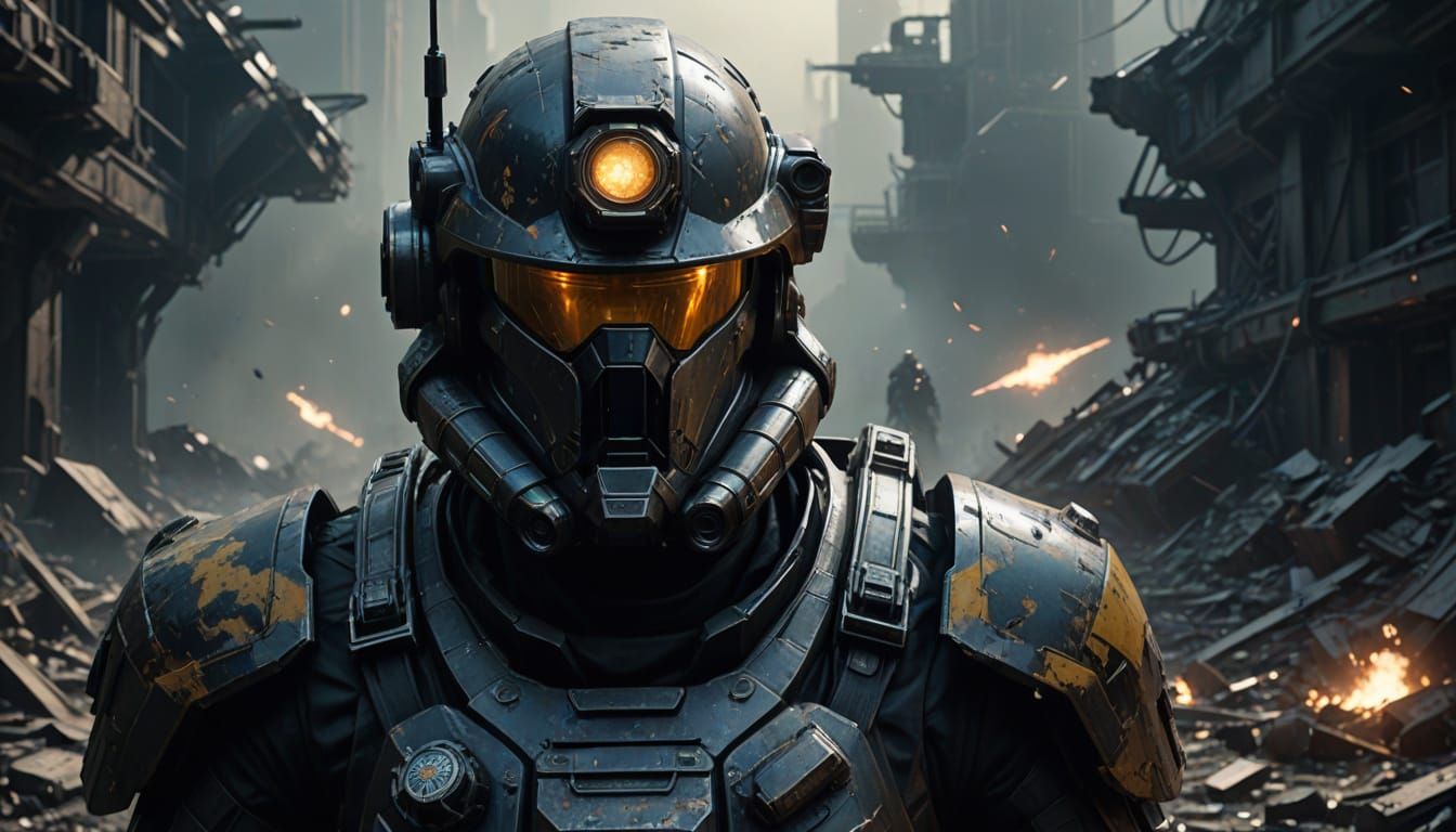 Gritty Starship Commander in Desolate Ruins