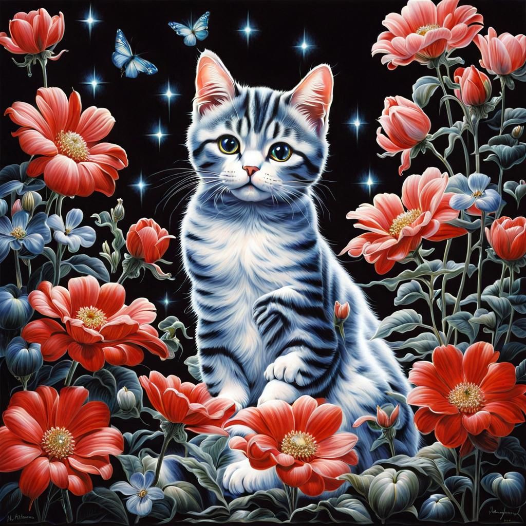 Cute Cat Surrounded by Flowers in Hyper-Realism Style