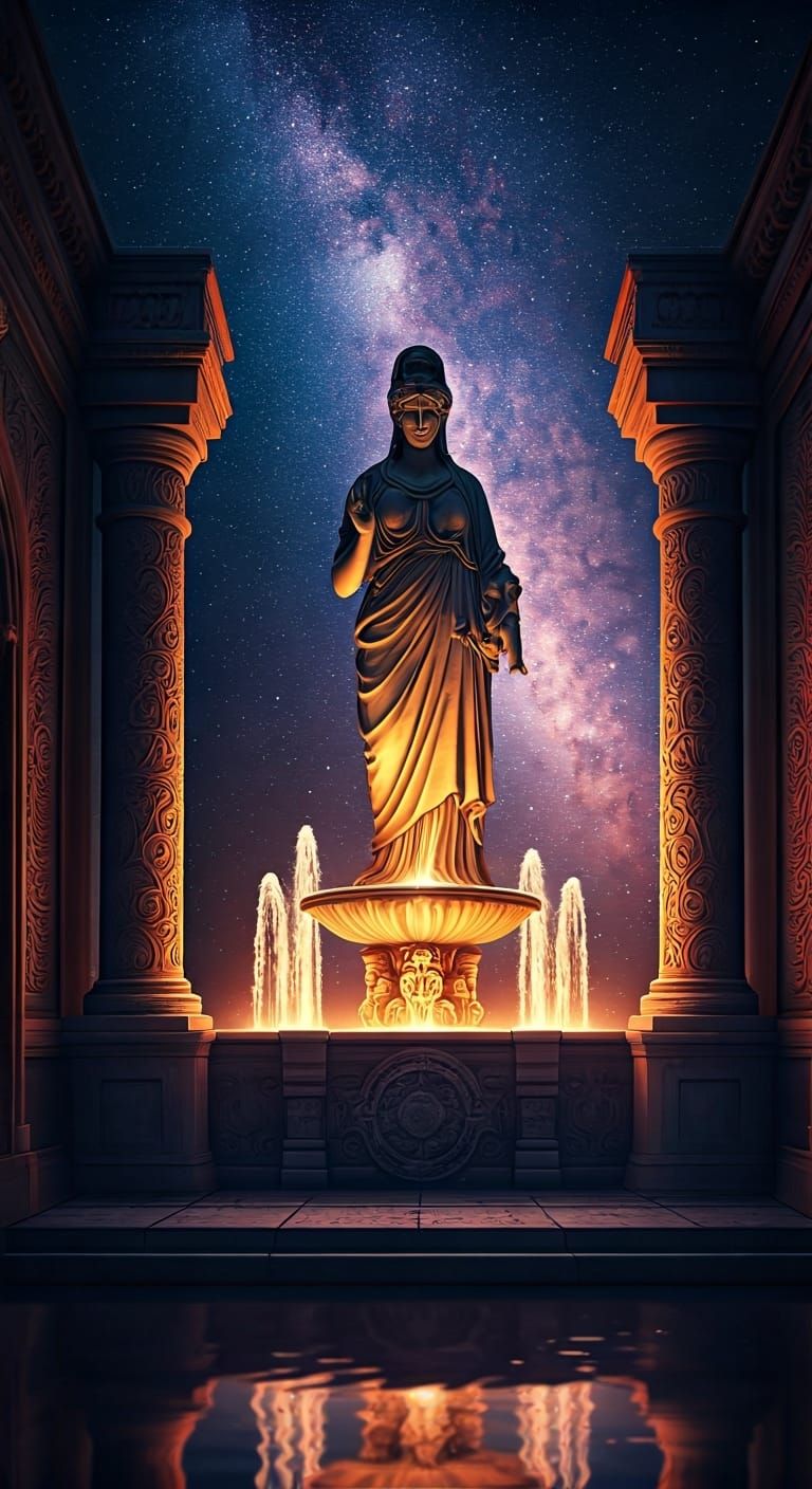 Goddess Statue in Moonlit Courtyard with Cosmic Reflections