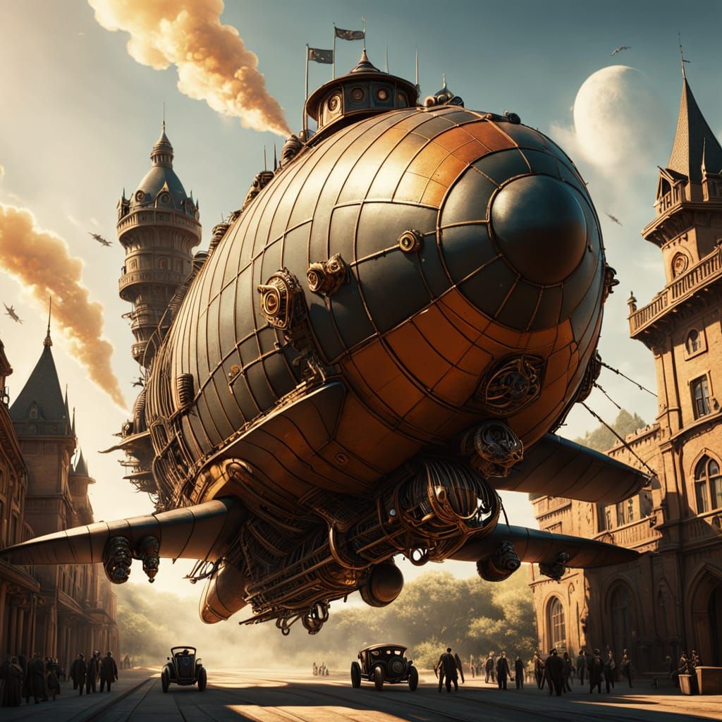 Steampunk Zeppelin Chases Fleeing Aliens Through Golden Ligh...