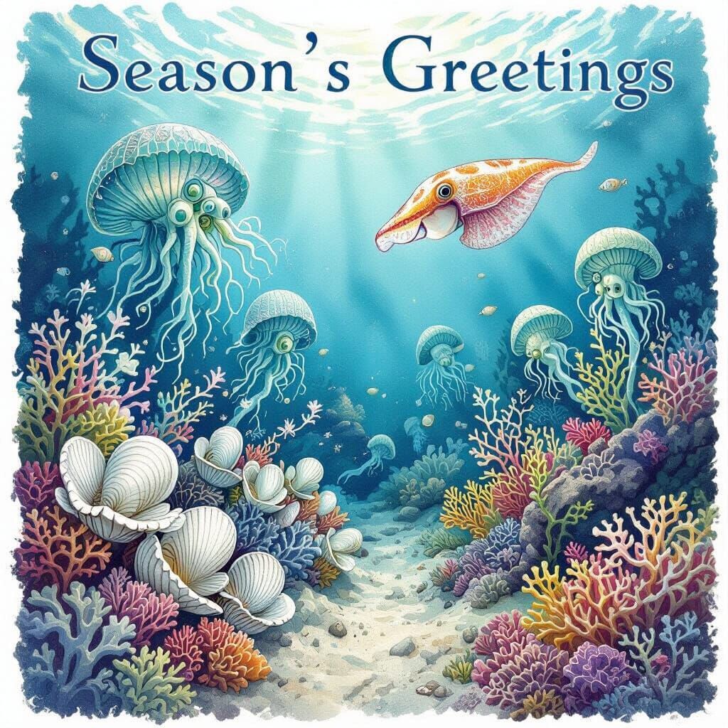 Vibrant Seabed Greeting Card with Alien Flora and Fauna