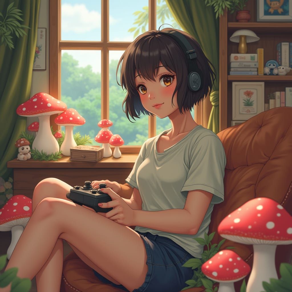 Anime Woman Gaming in Ghibli Goblincore Style