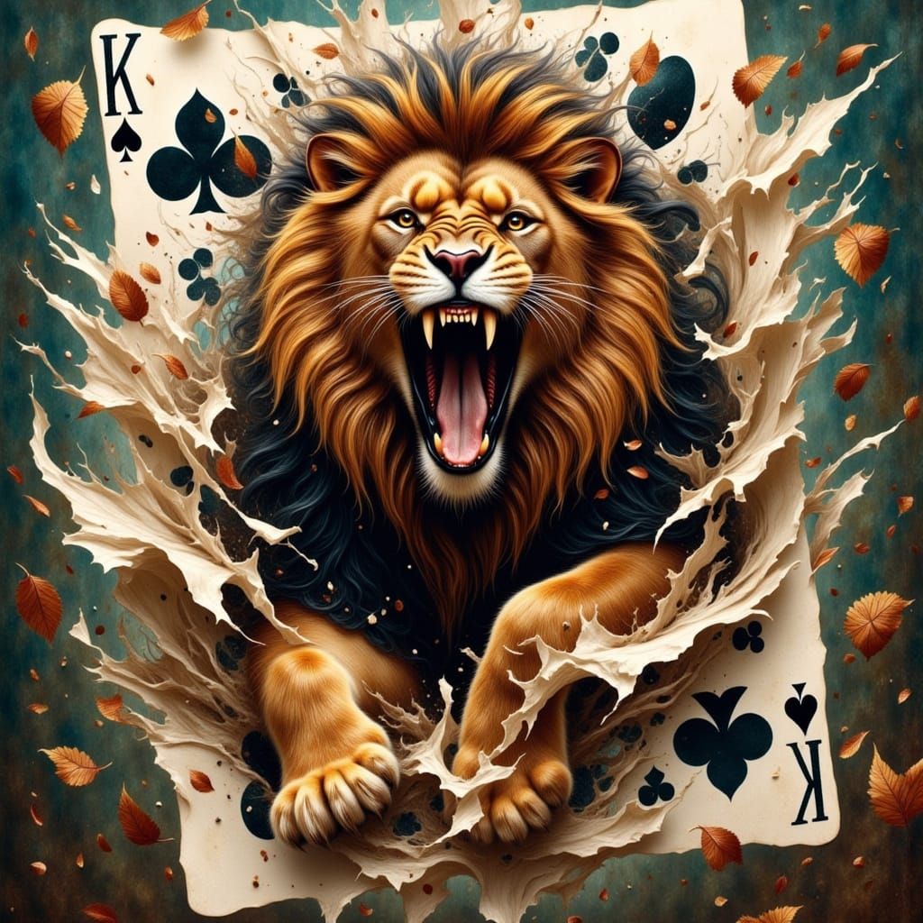 Regal Lion Emerges from Crumpled Playing Card in Neo-Express...